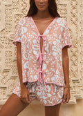 Abstract print lace-up short-sleeved shorts suit
