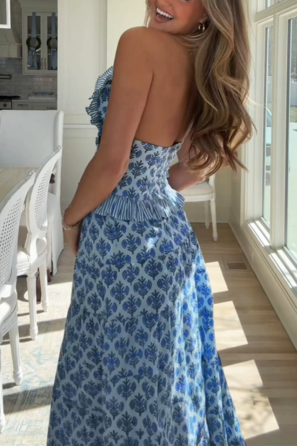 Blue Floral Print Halterneck Maxi Skirt Set