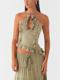 Green Linen Solid Halter Neck Plus Maxi Skirt Set