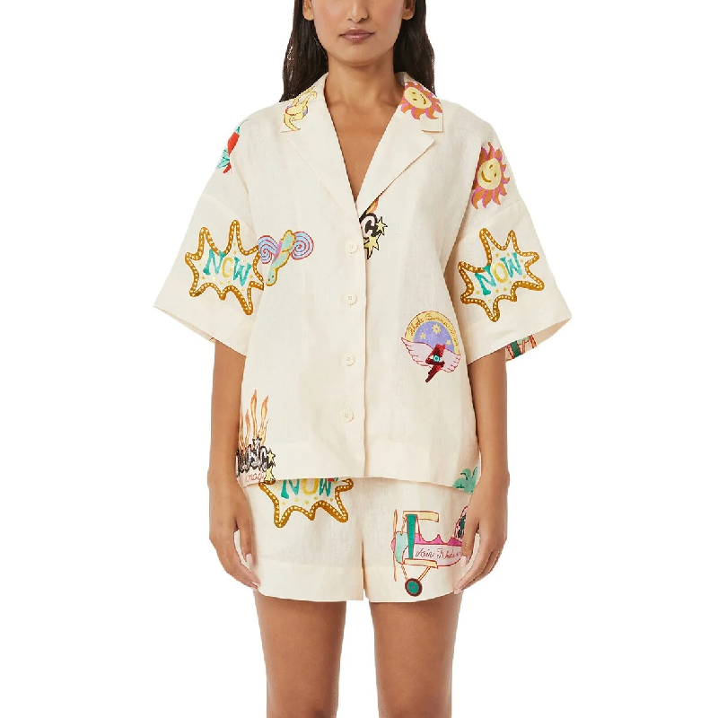Graffiti Print Linen Short Sleeve Short Set