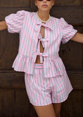 Striped drawstring short-sleeved shorts set